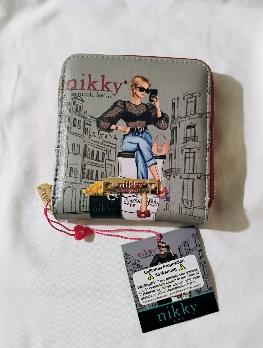 Nikky By Nicole Lee Square Wallet in Light Gray with Pink and Blue Accents